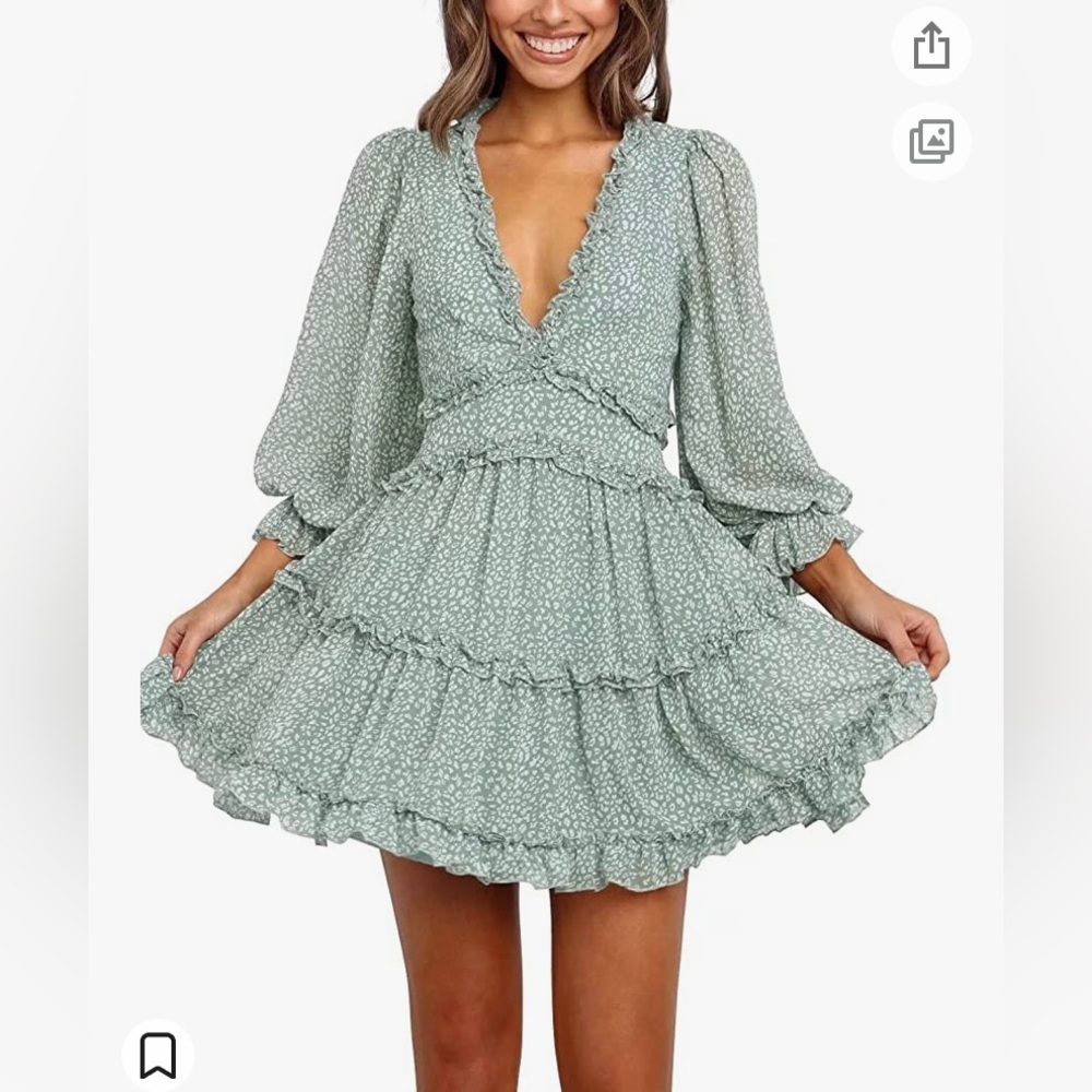 Amazon-Size Large (L) Deep V Neck Ruffle Long Sleeve Floral Print Mini Dress